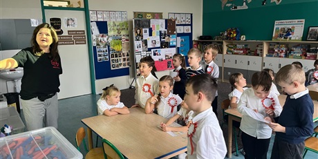 Powiększ grafikę: Pani prowadząca pokazuje dzieciom prezentacje. Dzieci są zainteresowane. Słuchają i rozmawiają z panią.