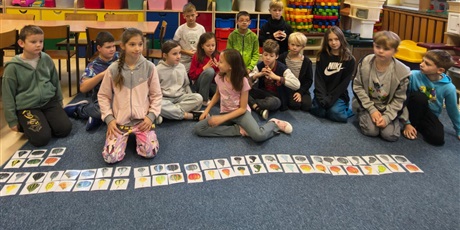 Powiększ grafikę: Grupa dzieci siedząc na dywanie pozuje do zdjęcia. Przed nimi leżą karty przedstawiające różne rodzaje dyni i ich cienie.