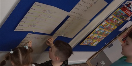 Powiększ grafikę: Dzieci zapisują na tablicy hasła.