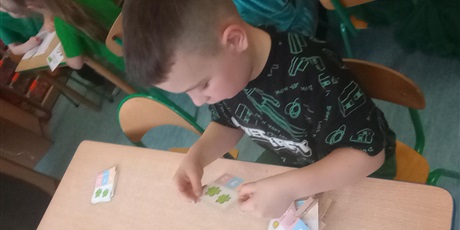 Powiększ grafikę: Chłopiec liczy przedmioty. Pracuje w skupieniu. Jest ubrany na zielono.