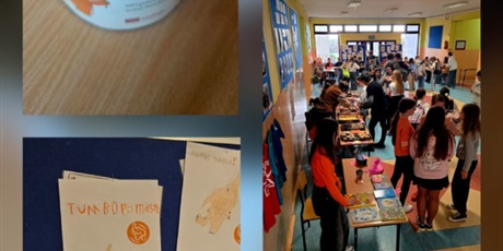 Powiększ grafikę: Kolaż zdjęć z kiermaszu szkolnego. Uczniowie sprzedają własne wypieki i upominki na korytarzu szkolnym.