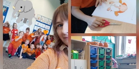 Powiększ grafikę: Kolaż zdjęć przedstawiających dzieci z ich słonikowymi dekoracjami. Jeden z chłopców trzyma książkę pt. Trzecie życzenie słonia Tumbo.