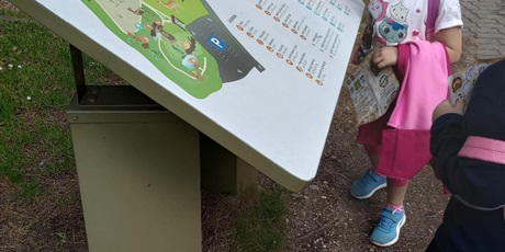 Powiększ grafikę: Dziewczynki w wieku szkolnym młodszym oglądają mapę zewnętrzną zoo.