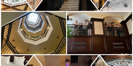 Powiększ grafikę: Kolaż zdjęć przedstawiających wizytę uczniów w Hotelu Radisson Blu.