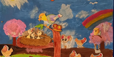 Powiększ grafikę: Praca konkursowa, na której autorka przedstawia wiosenny świat widziany swoimi oczami (ptaki, gniazdo z pisklętami, tęcza).