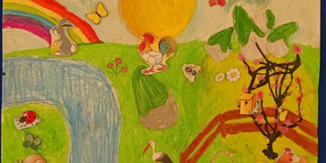 Powiększ grafikę: Praca konkursowa, na której autorka przedstawia wiosenny świat widziany swoimi oczami (rzeka, tęcza, słonce, bocian).