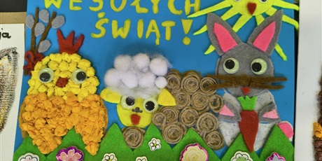 Powiększ grafikę: Kartka wielkanocna przedstawiająca kurczaczka, zajączka, baranka.