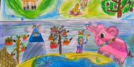 Powiększ grafikę: Dwie kolorowe prace konkursowe leżą obok siebie. Znajdują się na nich koty, słonie, kury, wieloryby itp.