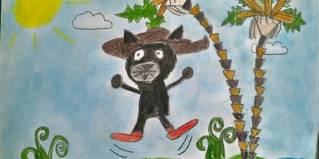 Powiększ grafikę: Praca plastyczna przedstawiająca kota w butach z brązowym kapeluszem na głowie. Obok znajdują się palmy.