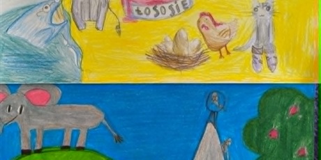 Powiększ grafikę: Dwie kolorowe prace konkursowe leżą obok siebie. Znajdują się na nich koty, słonie, kury, wieloryby itp.