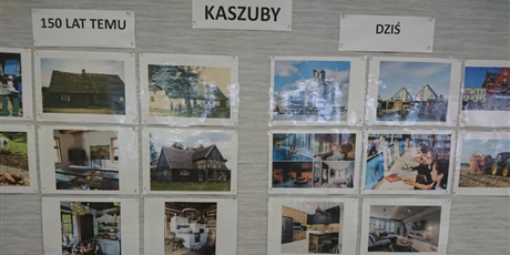 Powiększ grafikę: Zdjęcie tablicy, na której znajdują się zdjęcia Kaszub dzisiaj i 150lat temu.