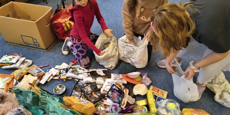 Powiększ grafikę: Trzy dziewczynki pakują do kartonów i siatek karmy i inne akcesoria dla bezdomnych zwierząt.