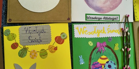 Powiększ grafikę: Cztery kartki wielkanocne własnoręcznie wykonane przez dzieci i ich rodziny.
