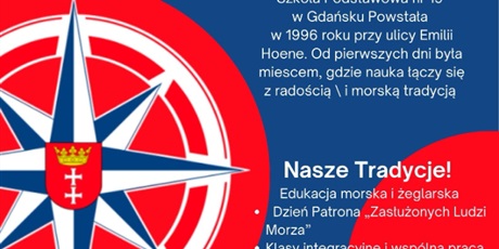 Powiększ grafikę: 3 miejsce:  Michał Kosma kl. 8c – Plakat graficzny 30-lecie SP 19 w Gdańsku w odcieniach niebieskiego tła z czerwonymi akcentami. W górnej części inspirujące hasło: „ 30 lat z morzem w sercu – SP 19 w Gdańsku”. Po prawej , w białym kolorze opis historii szkoły oraz jej tradycje. Z lewej strony centralnie widoczny, na czerwonym tle koła, symbol szkoły „Róża Wiatrów”.