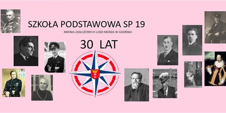 Powiększ grafikę: 3 miejsce: Natalia Wantoch-Rekowska kl. 5e–  Plakat graficzny z różowym tłem, na którym znajdują się postacie patronów szkoły. W centralnym punkcie symbol szkoły „Róża Wiatrów”, nad którą znajduje się napis z nazwą szkoły. Po lewej i prawej stronie zdjęcia z sylwetkami patronów szkoły.