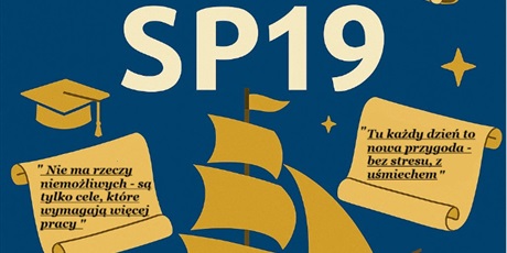 Powiększ grafikę: 1 miejsce: Julia Jiratko kl. 8c – Grafika w odcieniach niebieskiego z motywem morskim przedstawia centralnie dużą cyfrę 30 otoczoną złotymi gwiazdami i dzwonkiem obok czapkę absolwenta oraz żaglowy statek z inspirującymi cytatami o marzeniach i przyjaźni szkolnej.